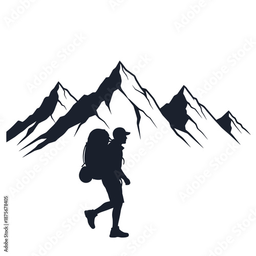 Hiker with Backpack Walking in Mountains Silhouette.