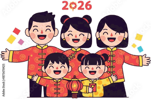 Happy Chinese New Year 2026 illustration with a smiling family in traditional red outfits celebrating with lanterns and confetti