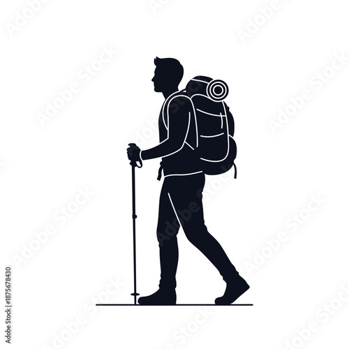 Hiker with Backpack and Trekking Poles Walking.