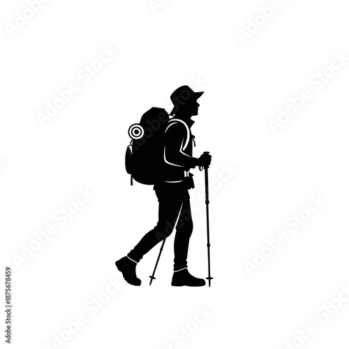 Hiker Walking with Backpack and Trekking Poles.