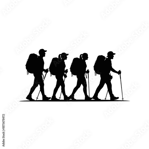 Silhouetted Hikers Walking in a Line.