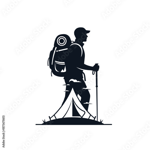 Hiker with Backpack and Trekking Pole.