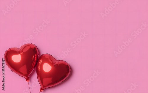 Two red heart-shaped balloons on a pink background