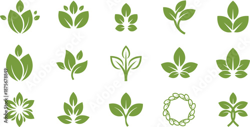 Collection of green leaf icons in various shapes and sizes for eco friendly branding