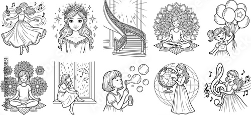 PrintBlack and white coloring page collection featuring festive Christmas sweets, happy girl gymnasts, ancient pottery, musical instruments, and holiday fireworks