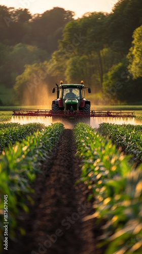A tractor sprays chemicals over young crops, highlighting modern agricultural technology, which is ideal for atmospheric background in materials about agribusiness or environmental risks.