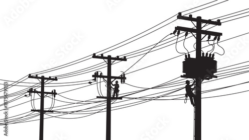 Silhouette of electric power lines and utility poles with linemen working on maintenance of transformers isolated on white background for industrial energy grid system