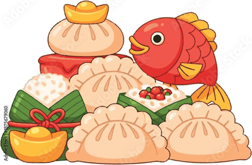 A vibrant and delicious assortment of traditional Asian dumplings, festive golden ingots, and a cute cartoon fish symbolizing good fortune and prosperity