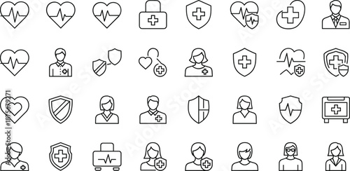Set of healthcare and medical icons for insurance and health safety concepts, featuring heartbeats, shields, people, and medical bags