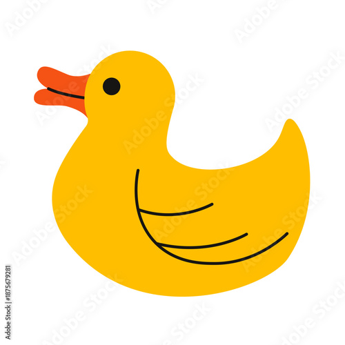 Rubber duck. Cute dog toy cartoon style, yellow squeaky bird for children and puppies, floating shower object, colorful stuffed and chewing canine supplies. Vector isolated illustration
