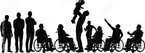 Inclusive family silhouettes celebrating disability support community love father lifting child wheelchair users diversity accessibility vector illustration isolated background white
