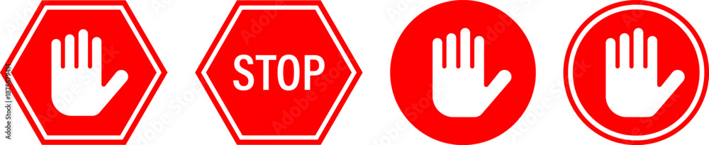 Obraz premium Four different stop signs with hand gestures on a white background