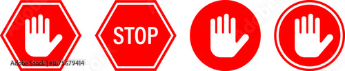 Four different stop signs with hand gestures on a white background