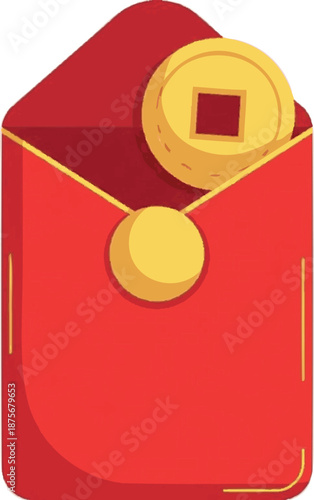 Red envelope with a golden coin, symbol of luck and prosperity during Chinese New Year celebrations and gifting occasions