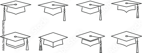 Graduation cap outline icon set with multiple angles and tassel positions