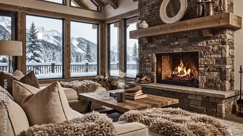 Cozy rustic living room overlooking snowy mountains with a crackling stone fireplace
