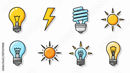 Icons representing light bulbs, suns, and a lightning bolt