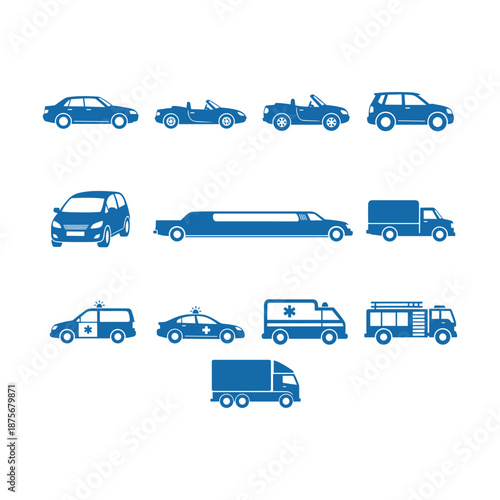 Collection of various vehicles in blue silhouette Vector
