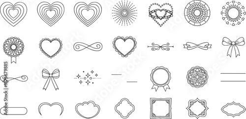 Elegant line art graphics for Valentine's Day and wedding designs with hearts bows flowers