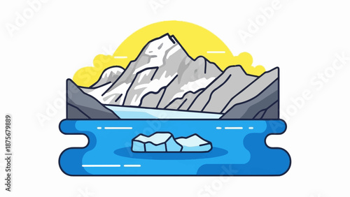 Icy mountains rise above a blue lake with ice floes under a yellow sun