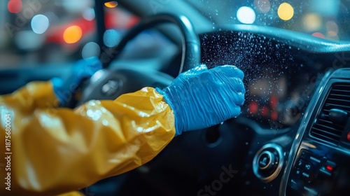 A dirty car windscreen cleaned with gloves reminds us of the importance of environmental safety in transport, which is relevant to the backdrop of social campaigns.