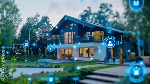 A modern smart home surrounded by greenery demonstrates the harmony between technology and nature, serving as an inspiring backdrop for presentations of innovative construction solutions.