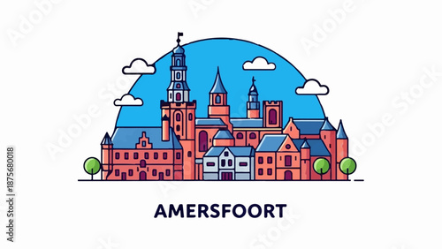 Illustrated cityscape with historic buildings, towers, and trees under a blue sky with clouds