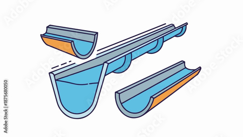 Illustrated cross-sections of building gutters in blue, gray, and orange