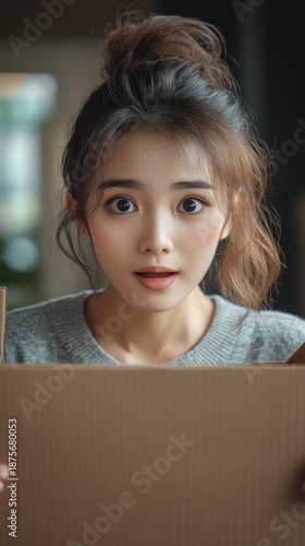 The surprised girl with a box in her hands embodies the emotions of an unexpected gift, which is perfect as an emotional backdrop for advertising online shops or blogs about surprises.