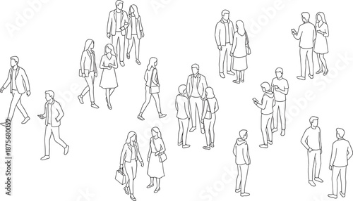 Isometric line art collection of people walking talking and using phones featuring diverse men and women for architectural visualization and urban scene design vector