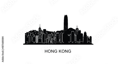 Silhouette of the hong kong skyline with city buildings and text