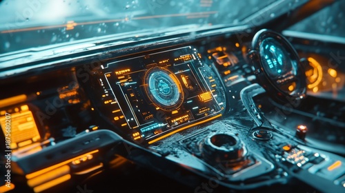 The futuristic spacecraft cabin with bright blue highlights and digital control panels will emphasise the atmospheric backdrop 