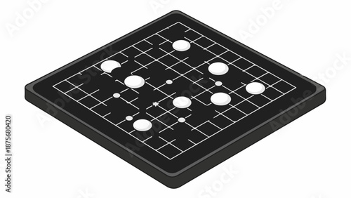Isometric perspective of a Go board with scattered white stones and markings