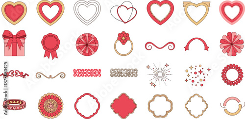 Valentine's Day decorative elements with hearts and flowers
