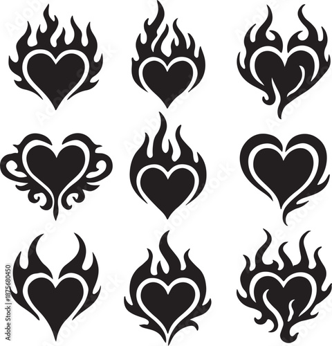 Stylized Heart tattoo Neo tribal set silhouette vector illustration, gothic rock flame shape kit, vector u2k abstract love logo concept. Valentine punk retro sticker collection, neotribal web goth dec