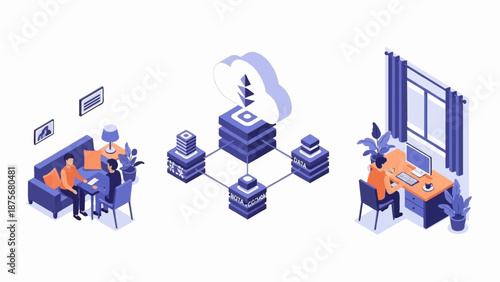 Isometric scenes of home office, collaboration, and cloud data storage