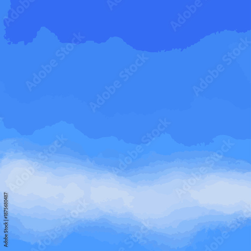 Abstract gradient ocean waves with white tide of surf or sky blues with Stratus clouds; square vector illustration for copyspace background, symbolizing holidays, tranquility, lightness, freedom.