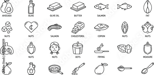 Collection of Healthy Food Icons Representing Nutrition, Diet, and Cuisine Essentials