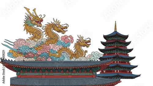 Majestic golden dragons ascend amidst colorful clouds above traditional Asian architecture