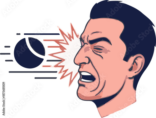 Man grimaces in pain as a dark, crescent-shaped object strikes his face with force