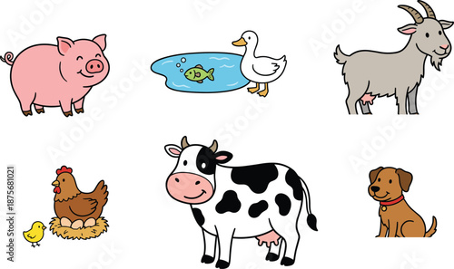 Cartoon farm animals vector set, pig, cow, hen, goat, dog, duck, pond scene illustration, kids educational clipart, white background