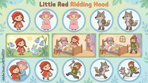 Little Red Riding Hood cartoon story, fairy tale character illustration, kids storytelling vector, wolf, grandmother, woodsman, forest adventure panels