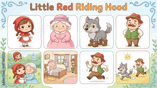 Little Red Riding Hood cartoon panels, classic fairy tale characters vector, kids storytelling illustration, wolf, grandmother, woodcutter, forest adventure