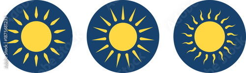 Three identical yellow suns on a blue circular background