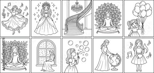 PrintBlack and white coloring page set with girls dancing, meditating, blowing bubbles, and playing music for creative kids hobby activities