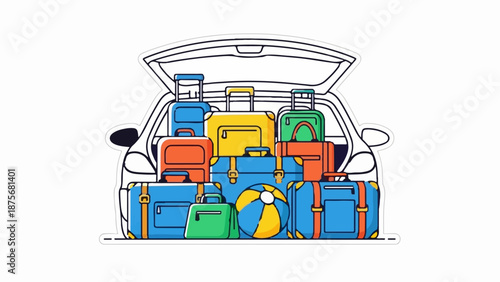 Open car trunk packed with colorful luggage and a beach ball, ready for vacation