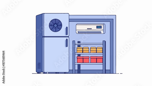 Open, light blue refrigerator with a fan on top, containing shelving with food containers