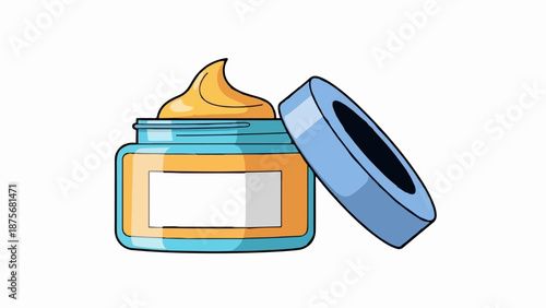 Open jar of creamy cosmetic product with blue lid, white label