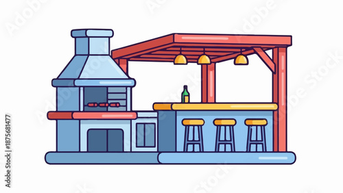 Outdoor grill and bar with seating, featuring a prominent barbecue and sheltered counter