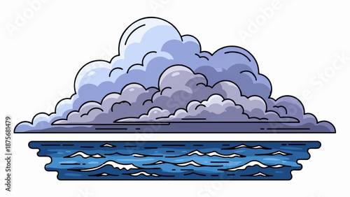 Overcast clouds loom above stylized, wavy blue water